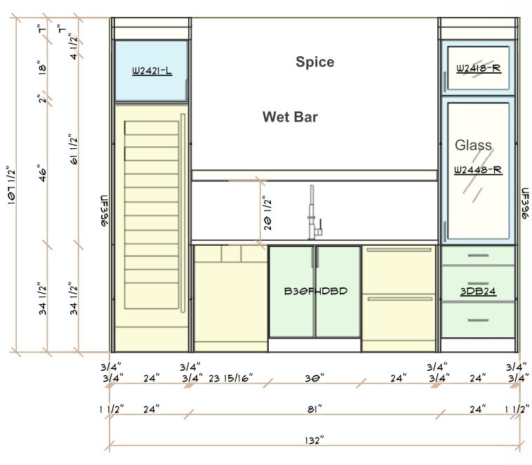Plan view: cabinet runs and island drawn from above, with overall dimensions